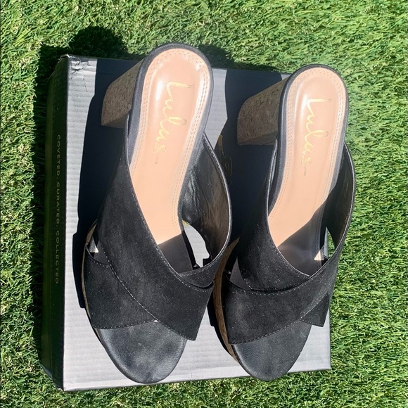 ‼️SOLD‼️Lulus Sicily Black Suede Cork Platform Heels - Picture 2 of 8